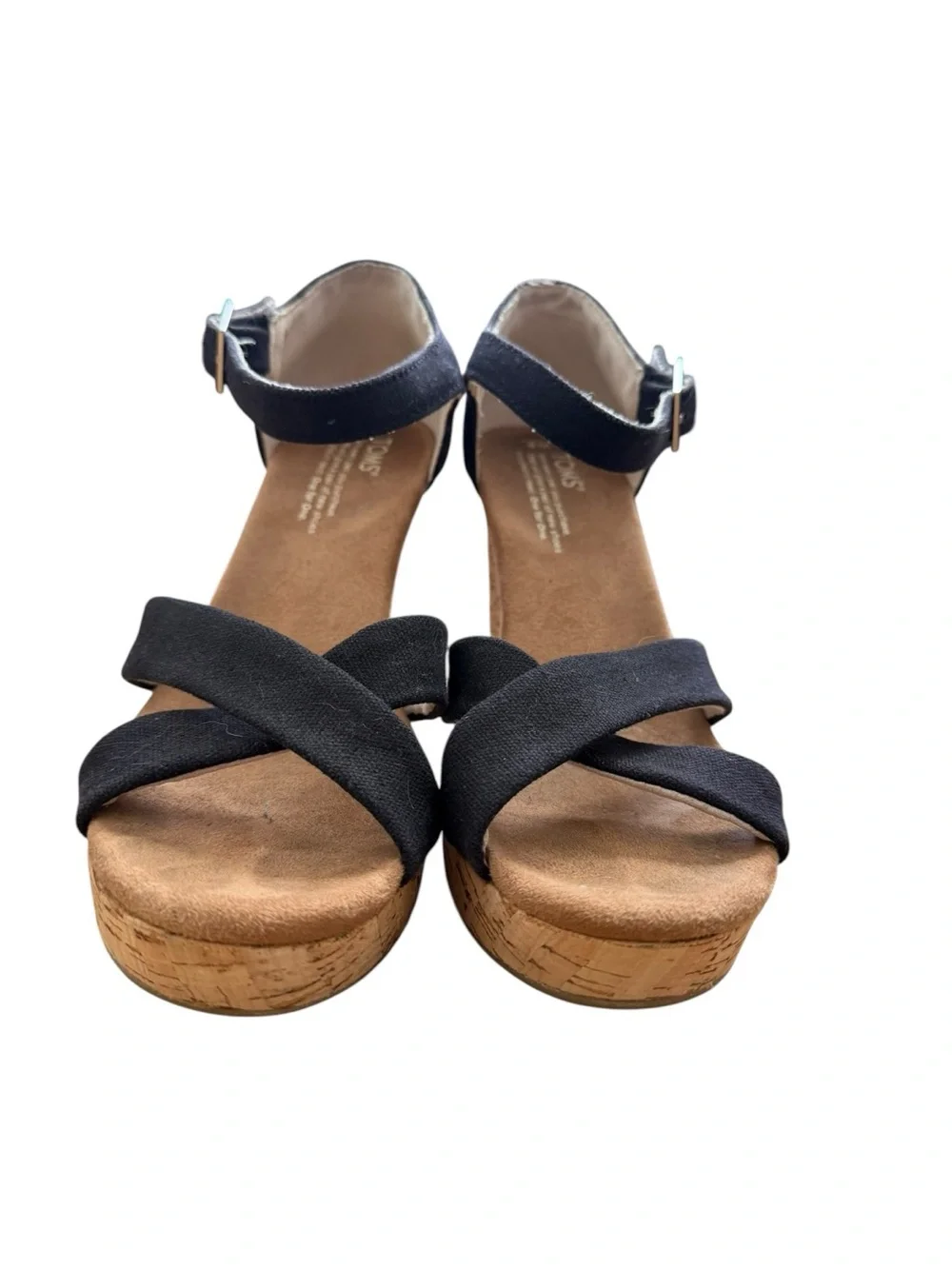 Toms Gia Platform Black Cork Wedge Sandals with Ankle Strap